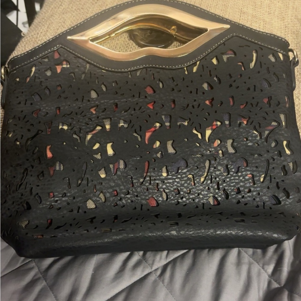 Leather hot lips clutch with rose gold hardware